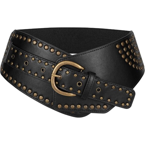 Women Vintage Wide Elastic Studded Stretchy Waist Belt Rivets Metal Buckle Black